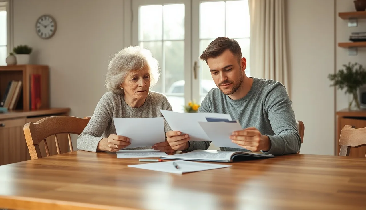 Mother and adult son reviewing special needs trust documents at kitchen table