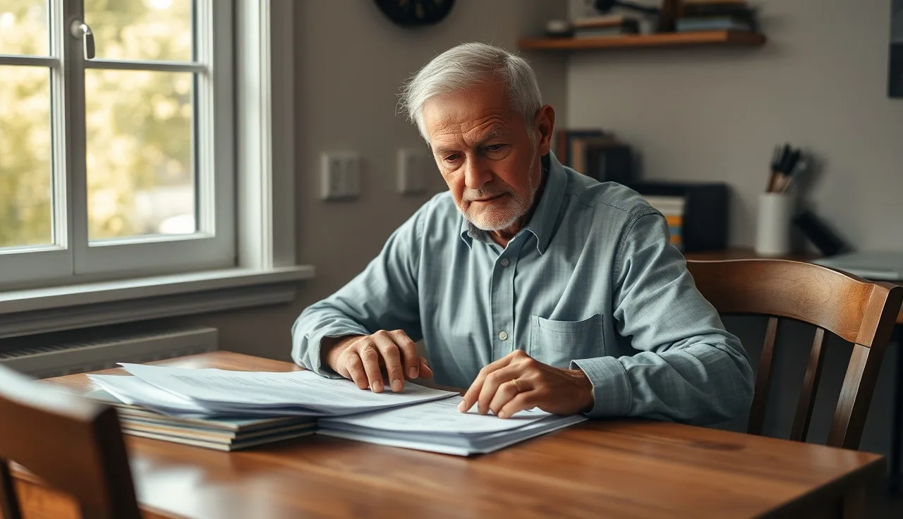 Older man reviewing disability paperwork at a kitchen table in afternoon light