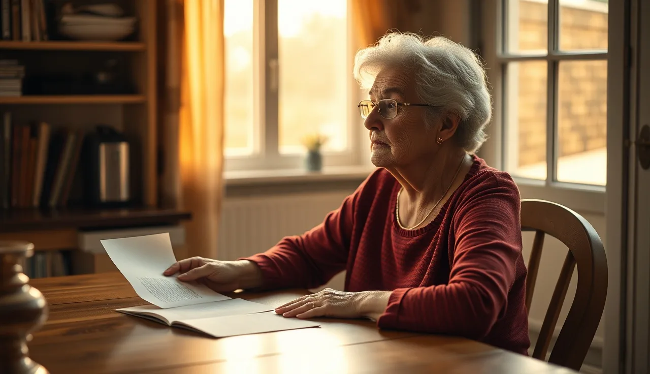 Older woman at kitchen table reading a letter about an inheritance