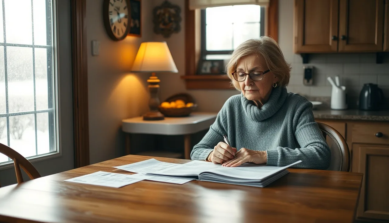 Woman reviewing disability paperwork at a kitchen table in Wisconsin home