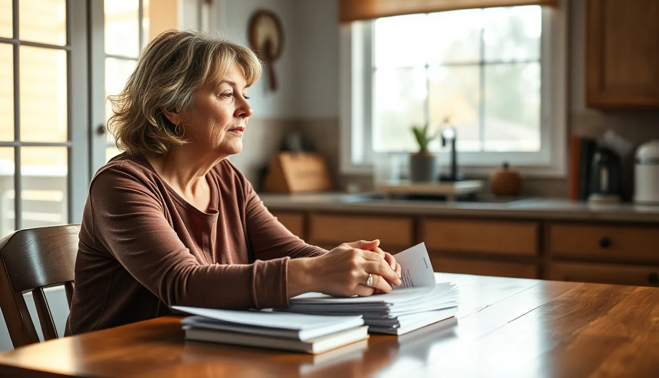 Woman sitting at kitchen table with disability paperwork, looking out window
