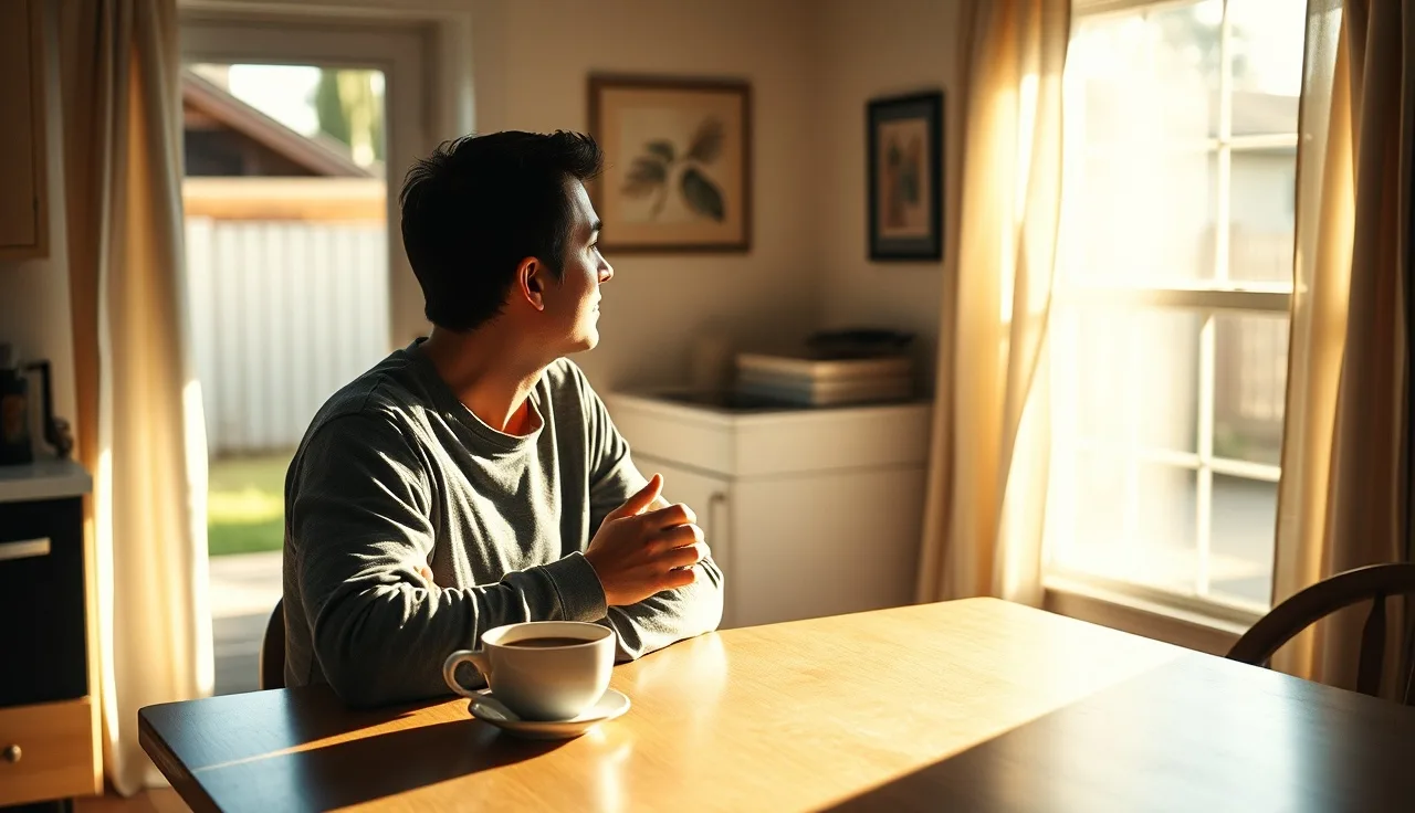 Person sitting at kitchen table with coffee, appearing thoughtful, natural morning light