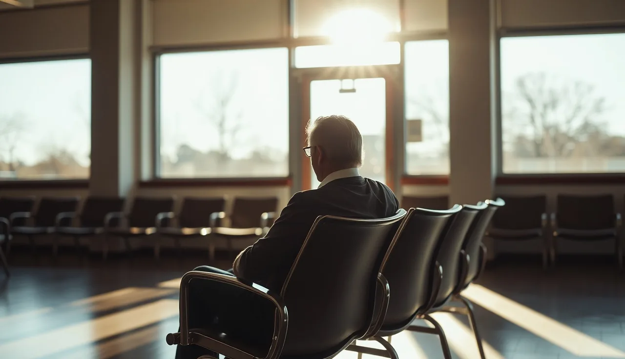 Person sitting in a sunlit waiting room during a disability appointment