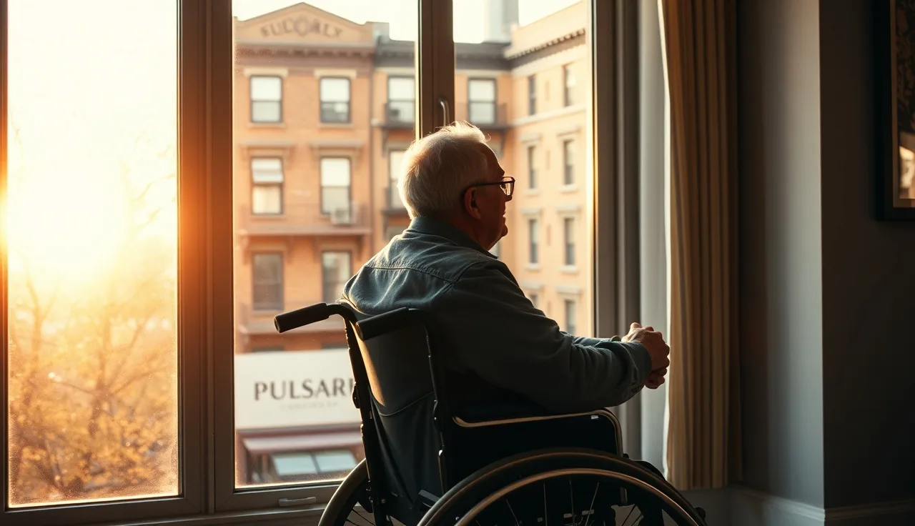 Man in wheelchair at apartment window overlooking NYC brownstone street