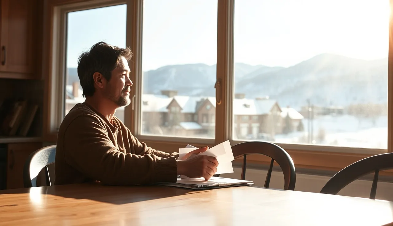 Person sitting at kitchen table with paperwork, Colorado mountains visible through window
