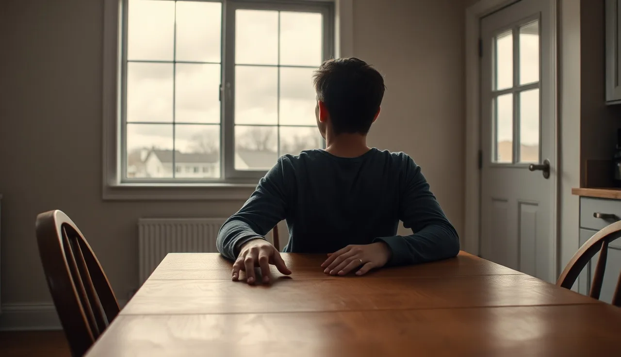 Person sitting at a kitchen table looking out a window, morning light, mental health disability theme