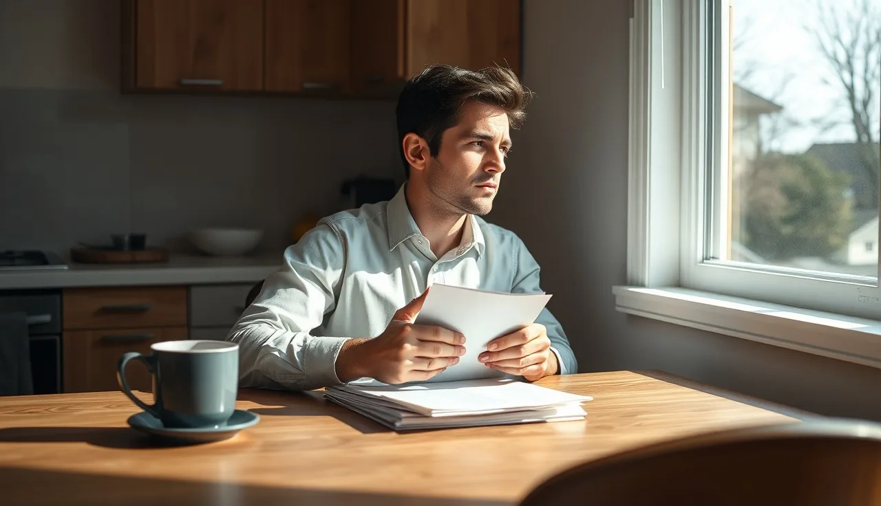 Person sitting at kitchen table with papers, applying for mental illness disability benefits