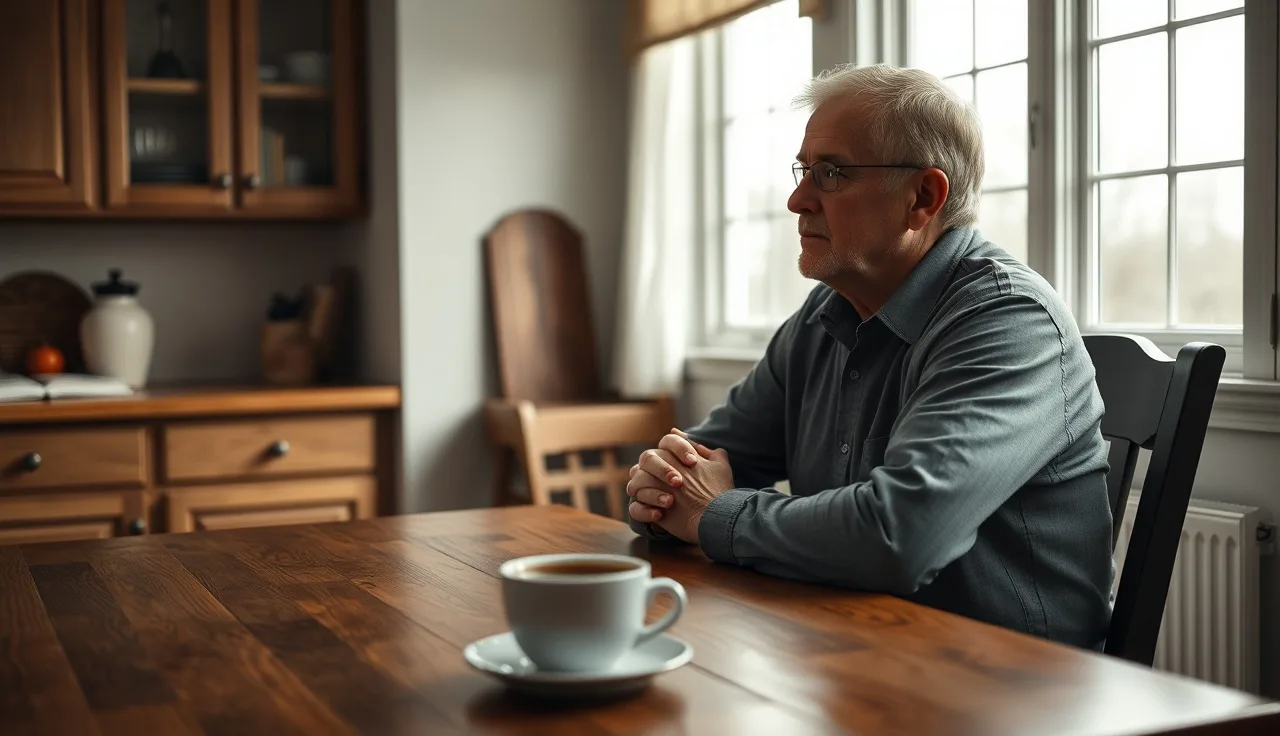 Person sitting at kitchen table with coffee, natural window light, applying for disability