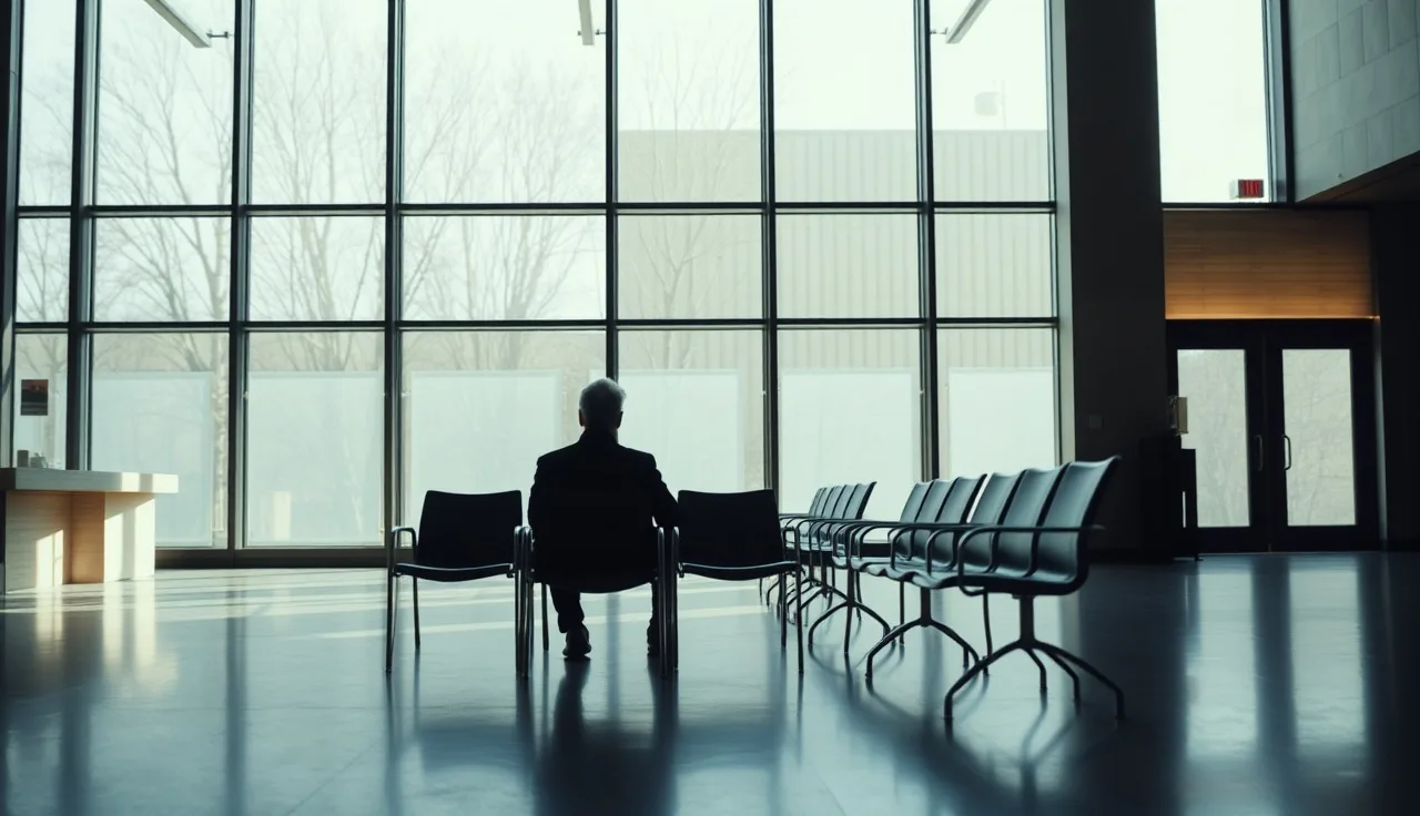 Person waiting alone in Indiana government office for disability hearing, morning light
