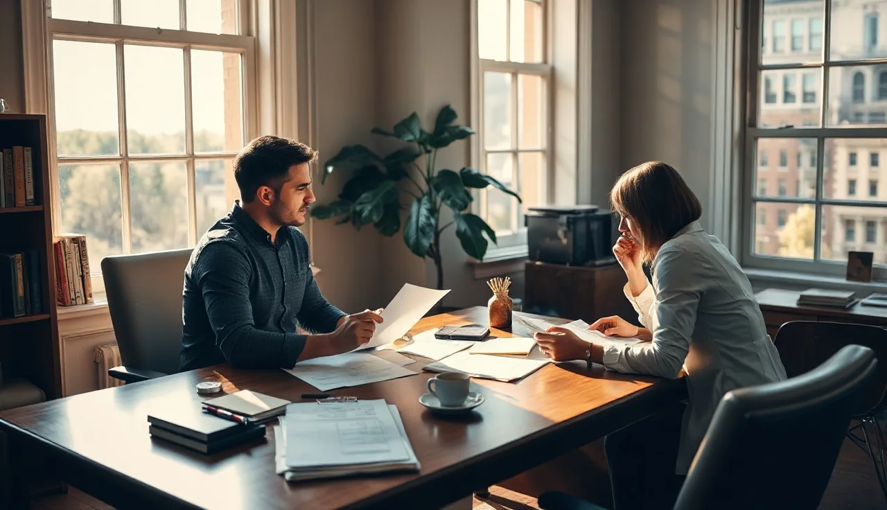 Two people reviewing disability claim documents at a desk in a Washington DC office