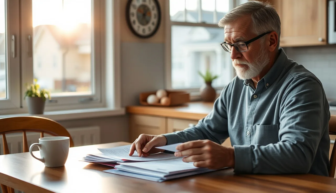 Man reviewing disability paperwork at kitchen table with morning light