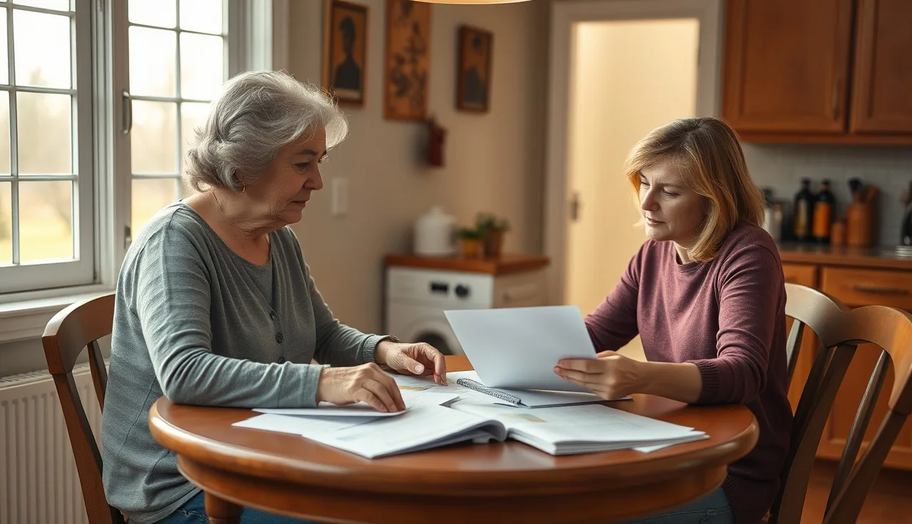 Family caregiver and disabled mother reviewing SSDI paperwork at kitchen table