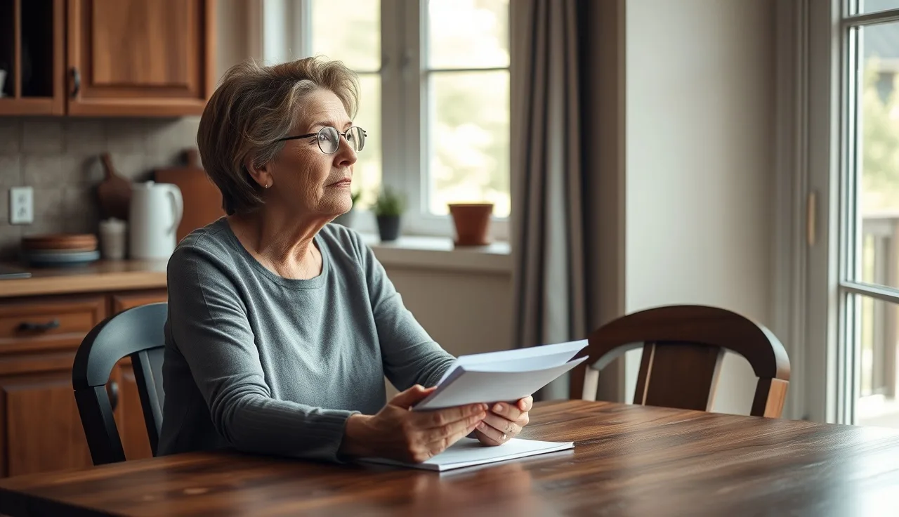 Woman at kitchen table with disability paperwork, natural morning light