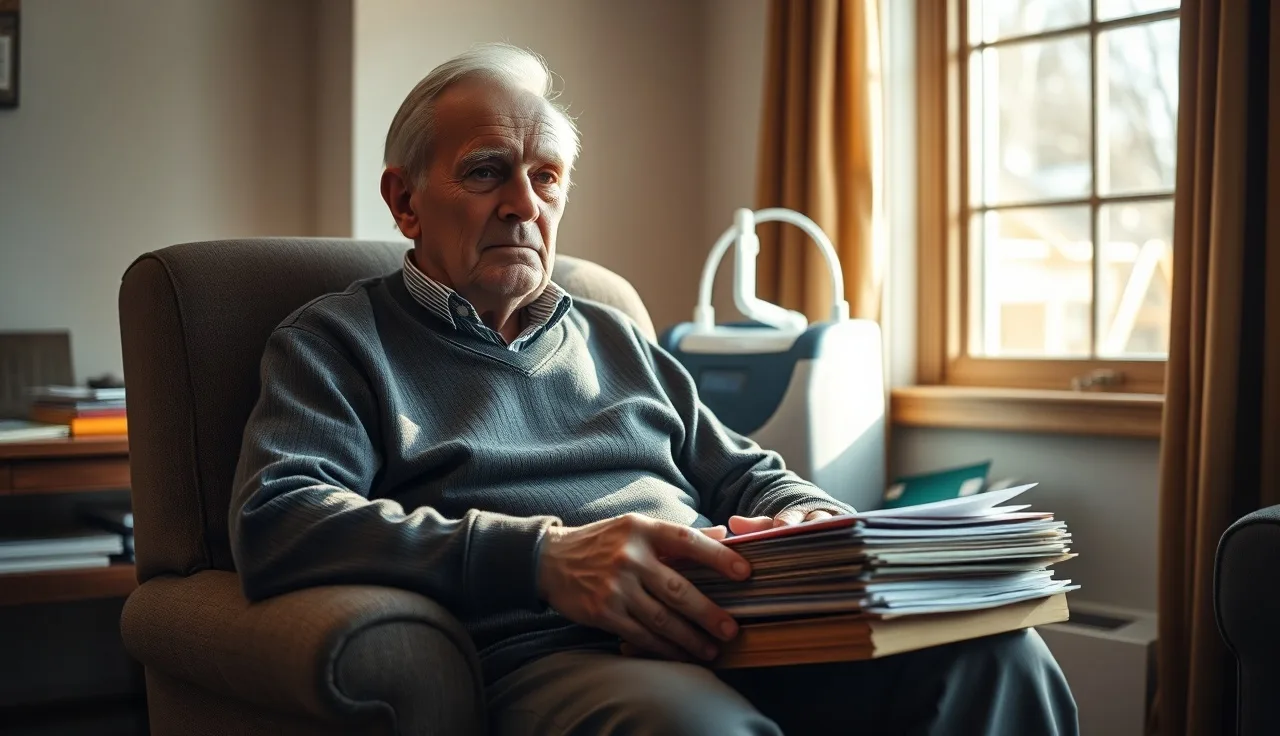 Older man sitting with medical paperwork documenting congestive heart failure disability claim