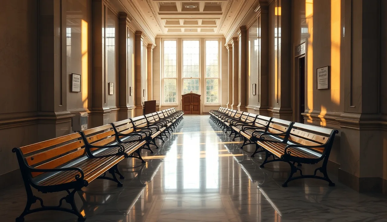 Empty courthouse hallway in Knoxville with warm afternoon light through tall windows