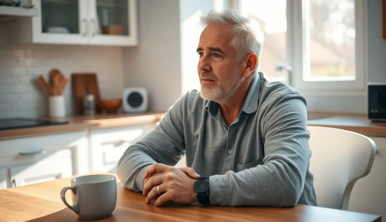 Man at kitchen table in morning light, reflecting on disability paperwork process