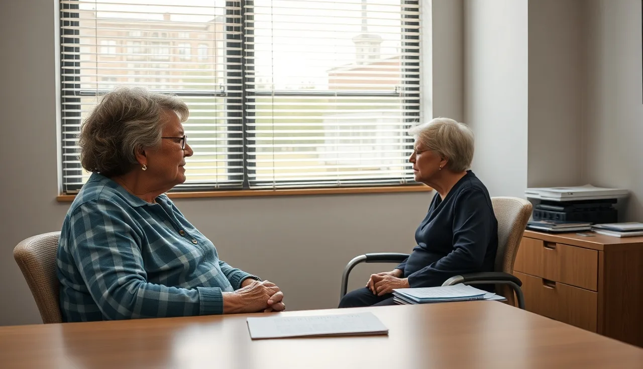 Woman with cane meeting with caseworker at Virginia Social Security office