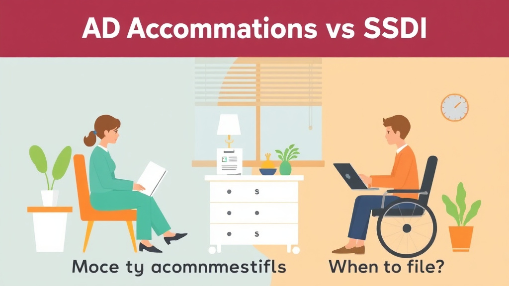 Illustration breaking down the fundamentals of ADA Accommodations vs SSDI: When to Accommodate, When to File