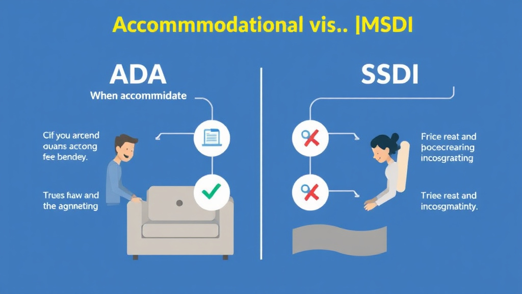 Action-oriented illustration showing how to apply ADA Accommodations vs SSDI: When to Accommodate, When to File