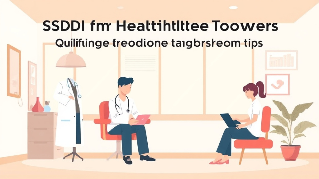 Educational graphic covering the essentials of SSDI for Healthcare Workers: Qualifying Conditions and Application Tips