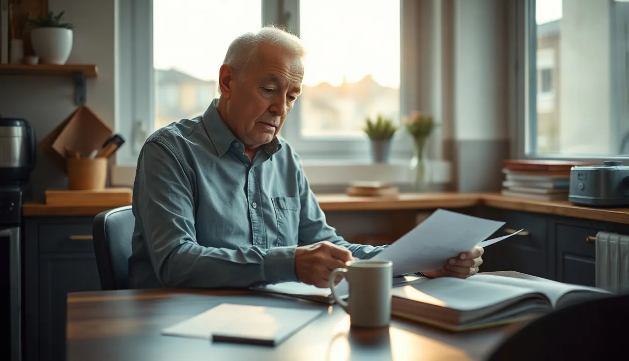 Man reviewing disability paperwork at kitchen table in morning light