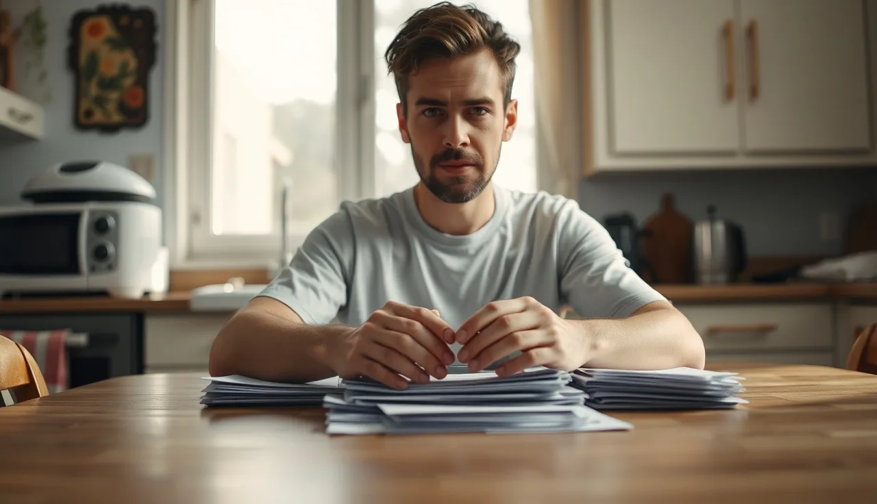 Person with mental illness sitting at a table with disability paperwork, looking tired