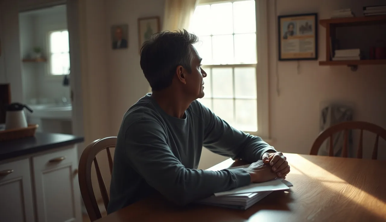 Person sitting at kitchen table with paperwork, considering a disability application while still employed