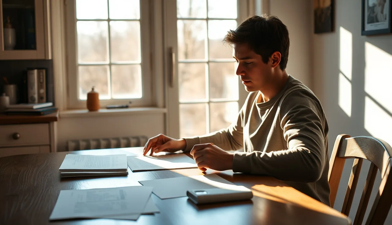 Person reviewing disability paperwork at a sunlit kitchen table
