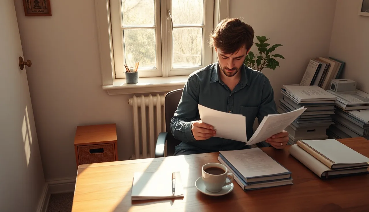Person reviewing SSDI paperwork at a home desk in afternoon light