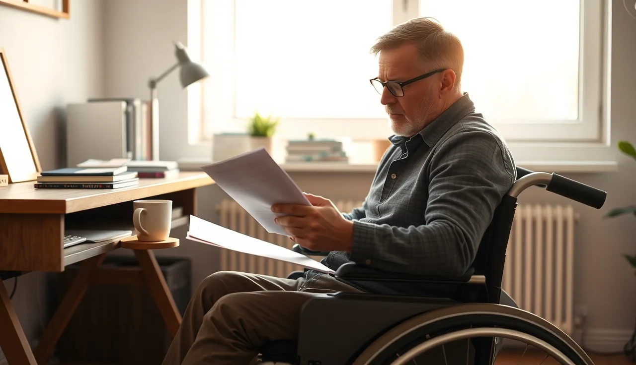 Person in wheelchair reviewing SSDI work rules paperwork at home desk