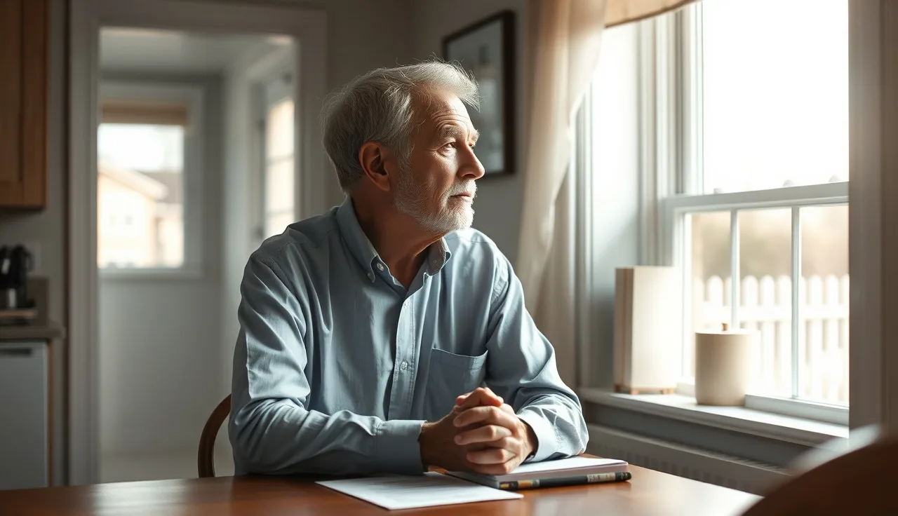 Older man sitting at a kitchen table looking out a sunlit window