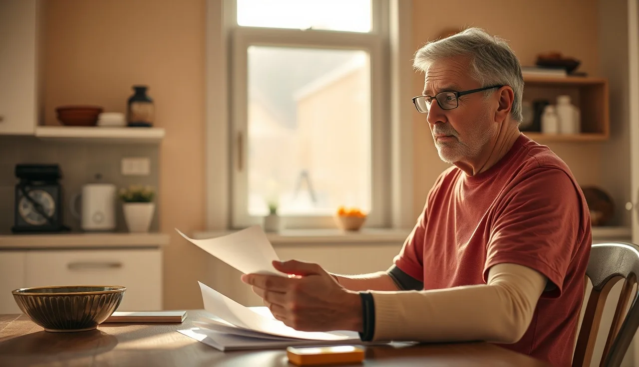 Person with forearm crutches reviewing SNAP and disability paperwork at kitchen table