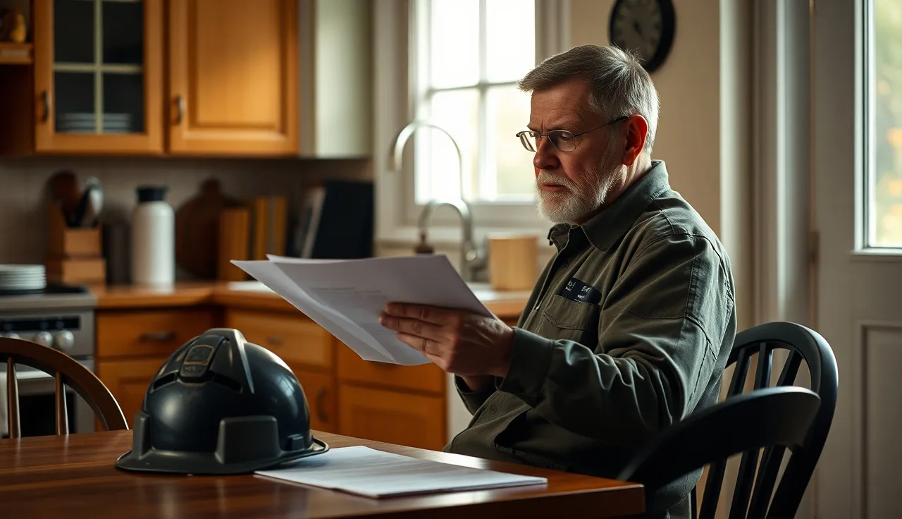 Injured worker at kitchen table reviewing disability paperwork with safety helmet nearby