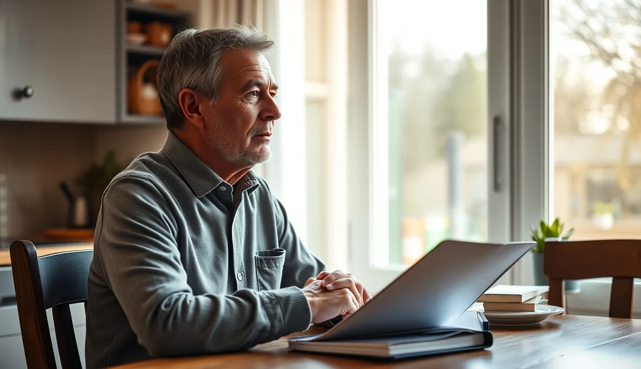 Person with epilepsy sitting quietly at kitchen table reviewing medical documents