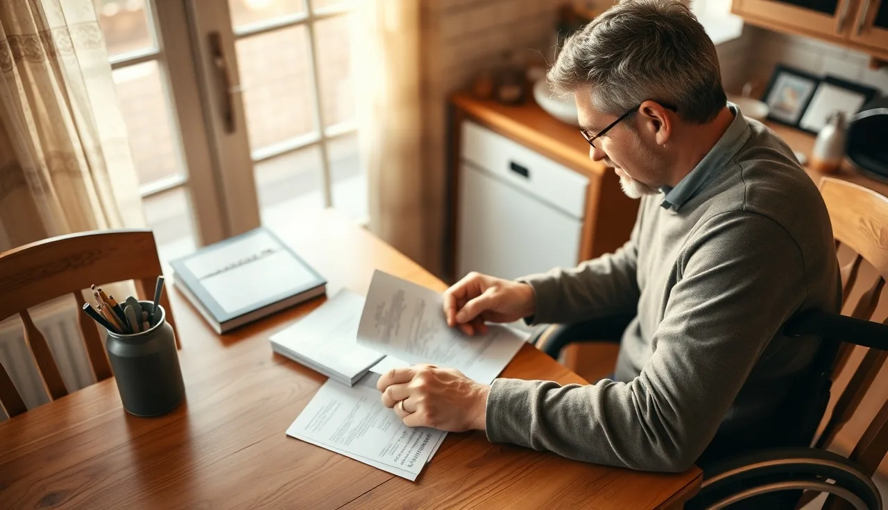 Person with disability reviewing pay stubs at a kitchen table, SSDI work planning