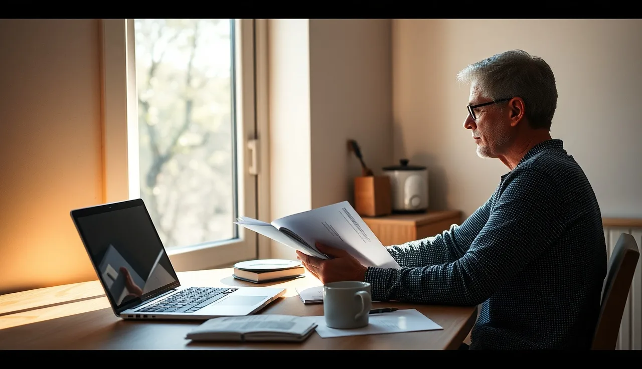 Person reviewing disability paperwork at a kitchen table with morning light
