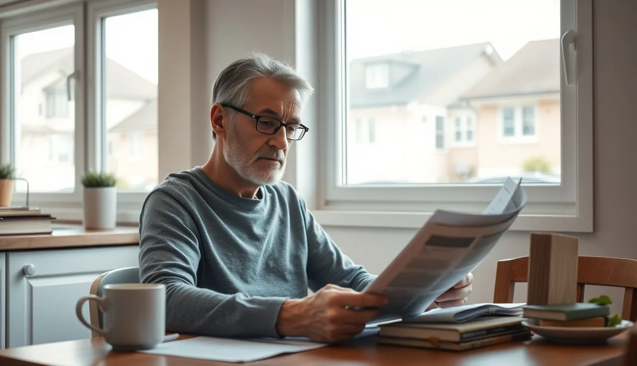 Person reviewing disability benefit paperwork at a sunlit kitchen table