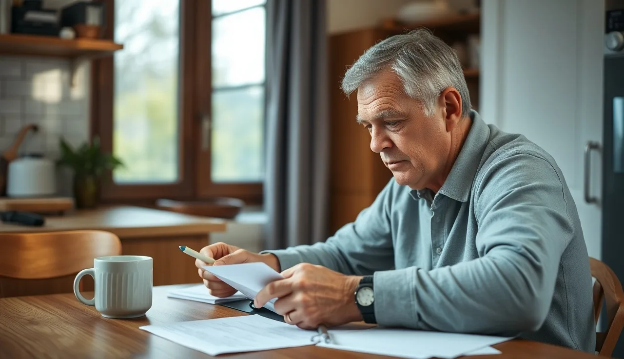 Person reviewing SSDI earnings documents at a kitchen table in morning light