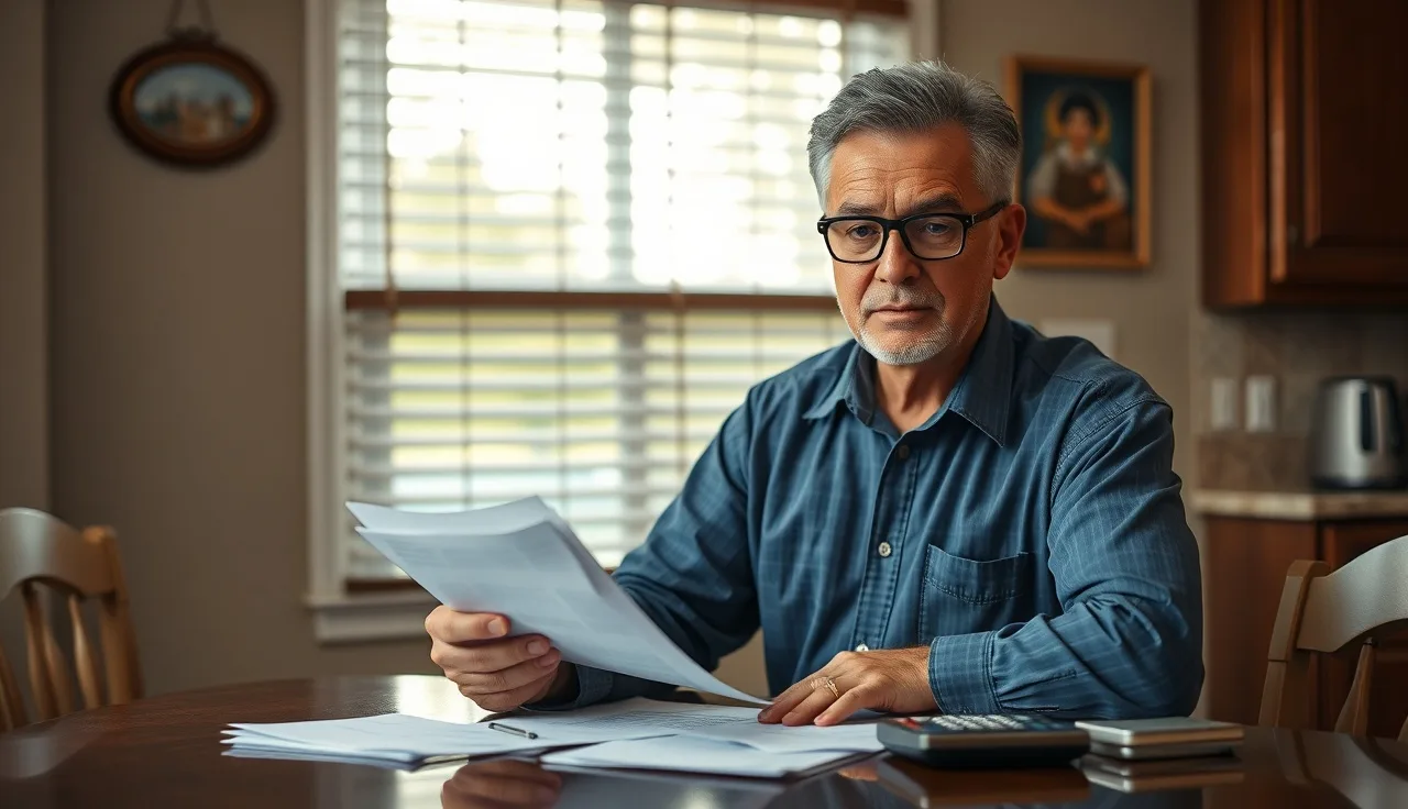 Man reviewing disability paperwork at kitchen table in Texas home