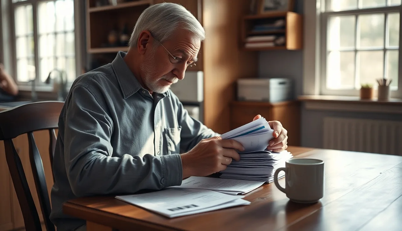 Older man reviewing medical paperwork at kitchen table while applying for disability benefits