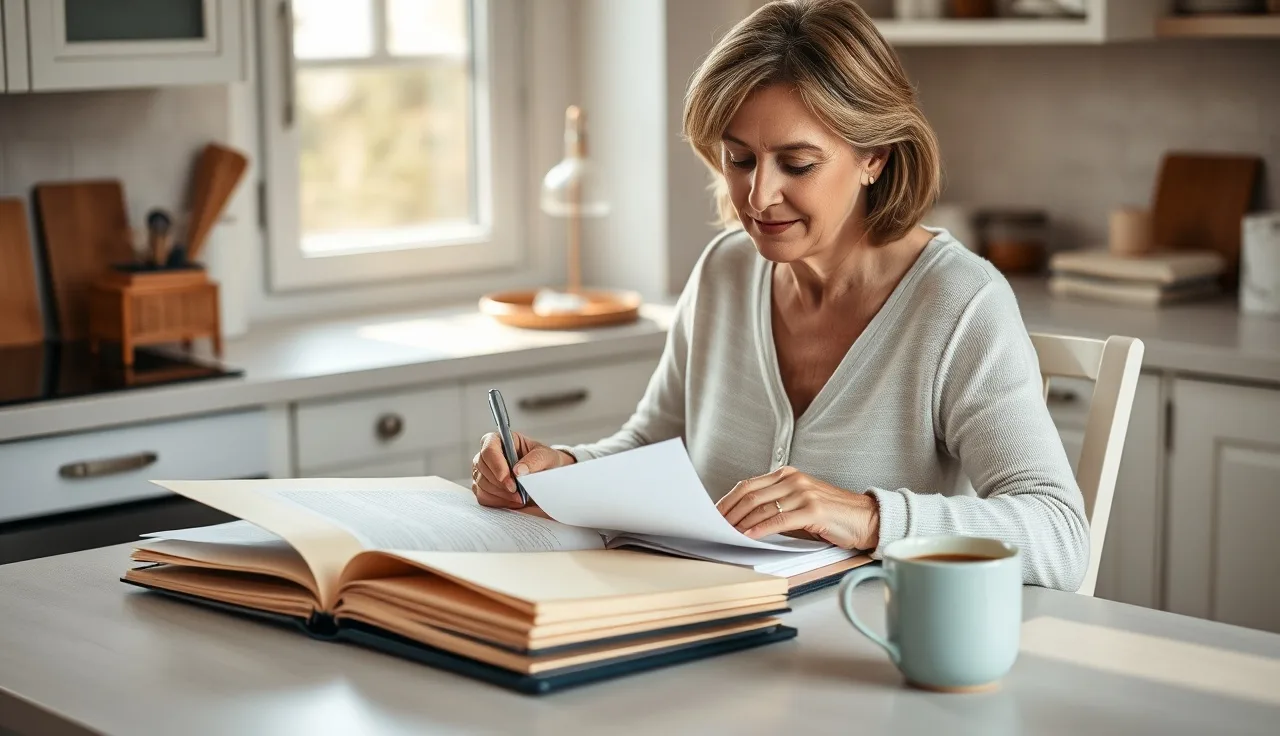 Woman reviewing disability paperwork at kitchen table, writing notes for SSDI reporting