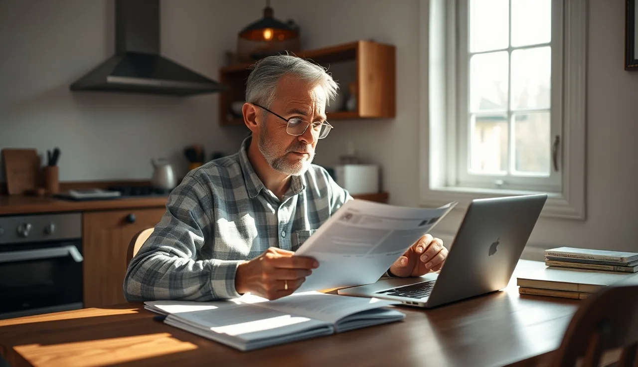 Person reviewing disability benefit paperwork at a kitchen table while working