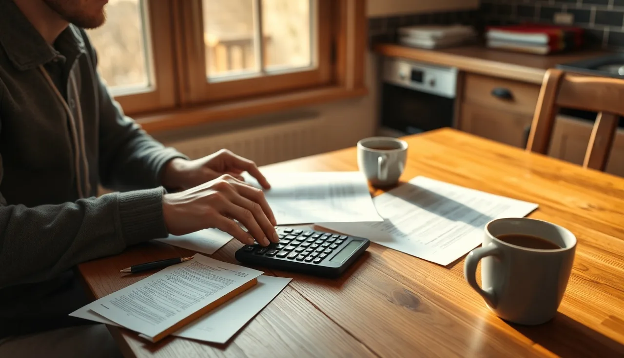 Person reviewing disability paperwork at a kitchen table with calculator and coffee